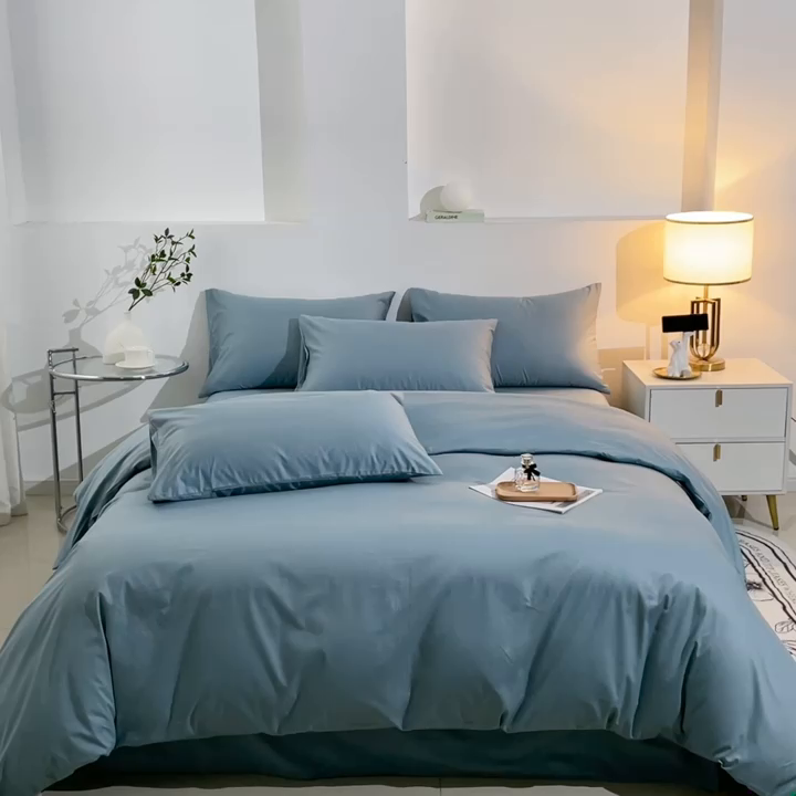 91家纺网 家纺一手货源 找家纺 晶缦家纺 2024新款喷气全棉13376纯棉斜纹纯色多规格四件套和单品-沐色系列 单床单 沐色-雾霾蓝