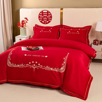 银石 2024新款60新疆长绒棉大红婚庆绣花四件套 永结同心