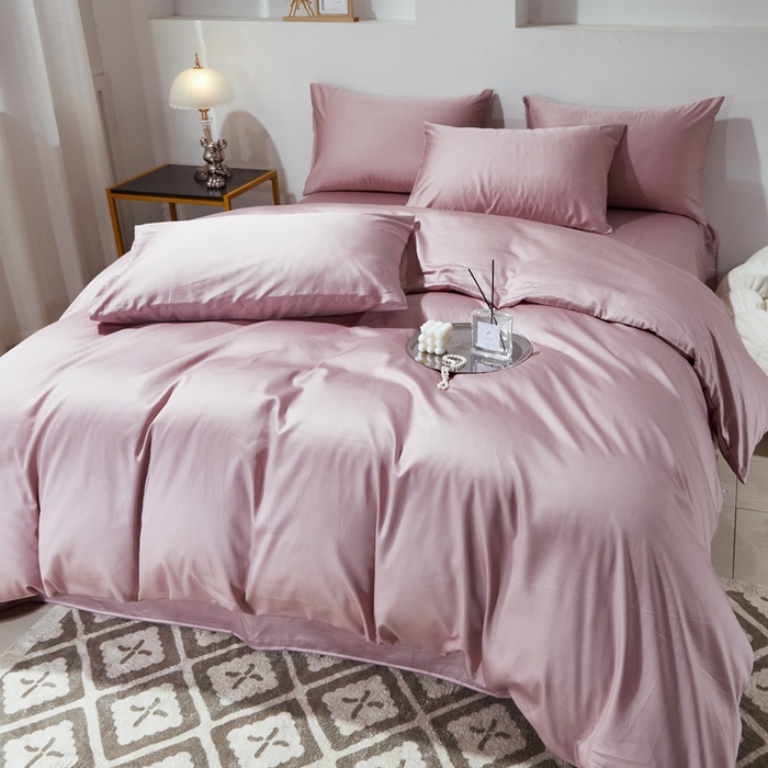 91家纺网 家纺一手货源 找家纺 晶缦家纺 2024新款全棉60支贡缎长绒棉纯色多规格四件套和单品-琅夕系列 单被套 琅夕-粉豆沙