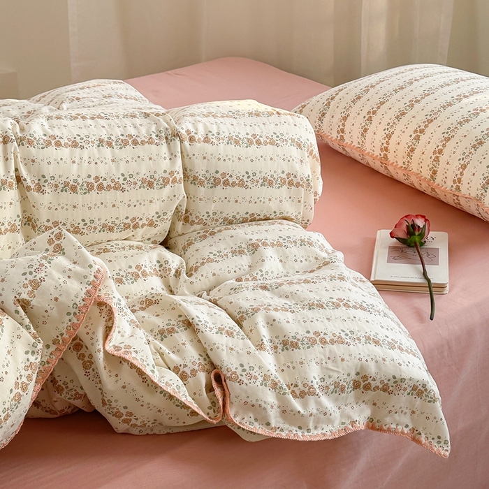 91家纺网 家纺一手货源 找家纺 洋铭区（原狠狠爱） 2024新款全棉双层纱四件套 桃粉小花