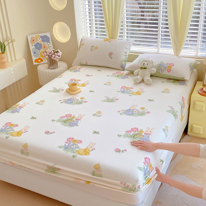 91家纺网 家纺一手货源 找家纺 洺兰家居 2025新款全棉喷气印花单床笠纯棉小清新花卉北欧风床套/枕套 蘑菇兔