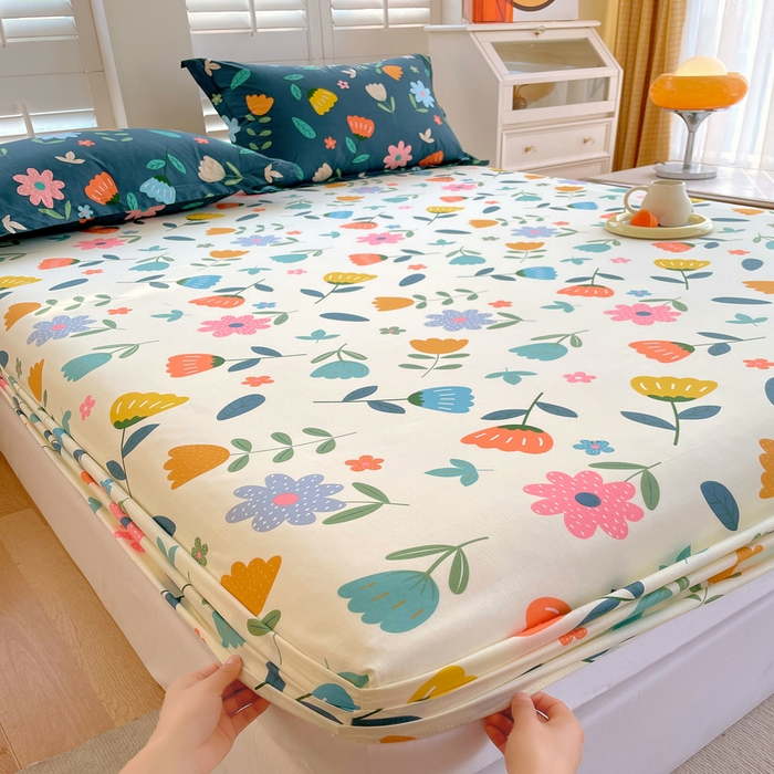 91家纺网 家纺一手货源 找家纺 洺兰家居 2025新款全棉喷气印花单床笠纯棉小清新花卉北欧风床套/枕套 洛洛繁花米