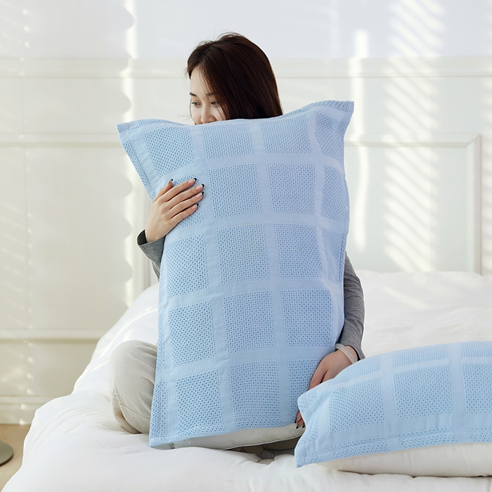 91家纺网 家纺一手货源 找家纺 朴尔家纺 2024新款全棉质朴方格风立体华夫格透气纱布枕巾/对 方格华夫格-浅蓝枕巾