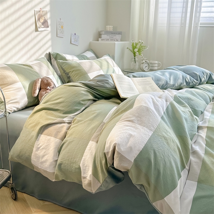 91家纺网 家纺一手货源 找家纺 古吉梦 2024新款水洗棉小清新印花格子系列四件套 G-绿白大格+薄荷绿