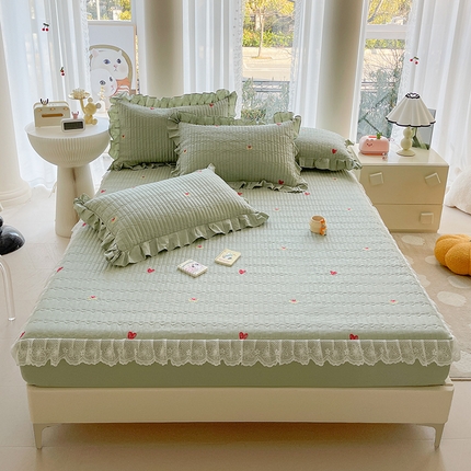 宜凡家纺 2024新款全棉夹棉绣花花边系列床笠三件套 爱恋 果绿