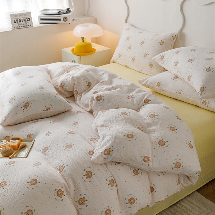 91家纺网 家纺一手货源 找家纺 （总）蜜柚 2024新款全棉双层皱皱纱四件套