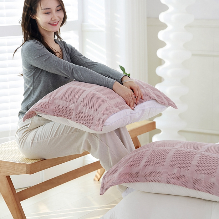 91家纺网 家纺一手货源 找家纺 朴尔家纺 2024新款全棉质朴方格风立体华夫格透气纱布枕巾/对 方格华夫格-粉枕巾