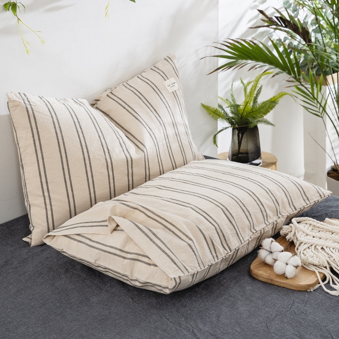 91家纺网 家纺一手货源 找家纺 大黄蜂家居家纺 2025新款日式纯棉水洗棉信封式枕套 复古绿条