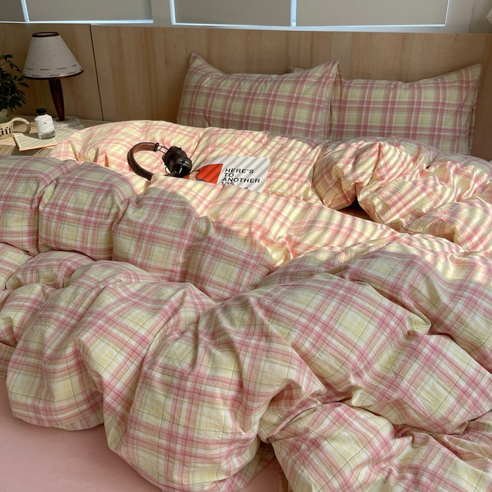 91家纺网 家纺一手货源 找家纺 艾咪 2024新款博主风全棉色织水洗棉四件套 多芙芭蕾粉