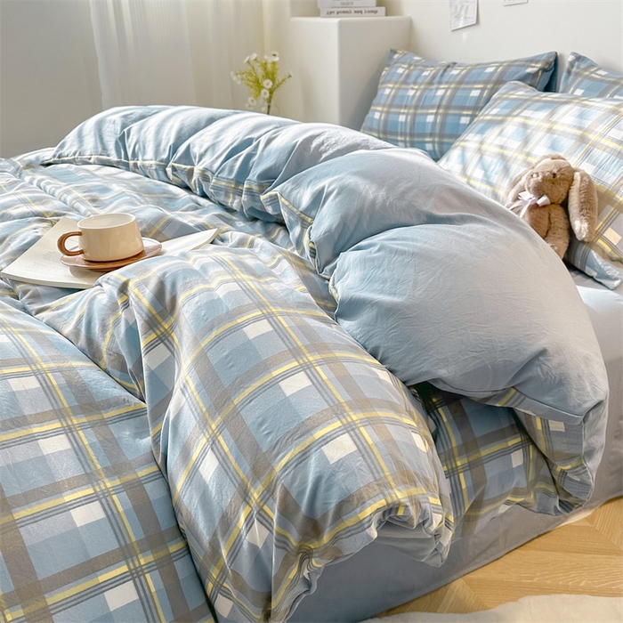 91家纺网 家纺一手货源 找家纺 古吉梦 2024新款水洗棉小清新印花格子系列四件套 G-简兮-蓝+海青