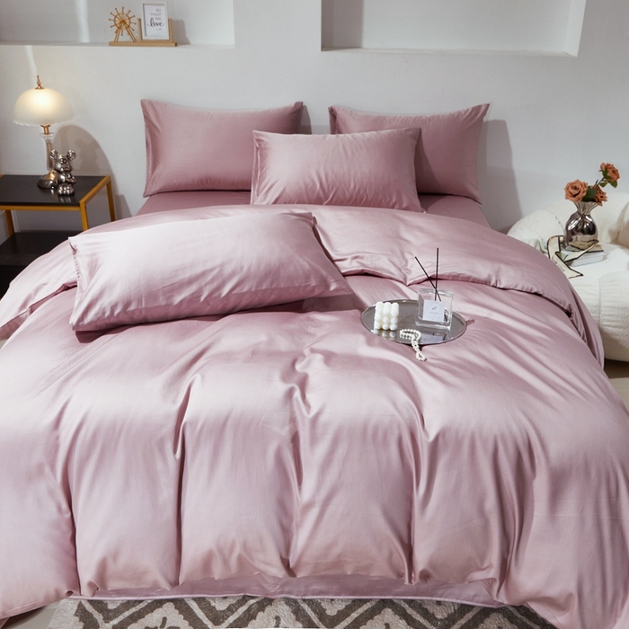 91家纺网 家纺一手货源 找家纺 晶缦家纺 2024新款全棉60支贡缎长绒棉纯色多规格四件套和单品-琅夕系列 四件套 琅夕-粉豆沙