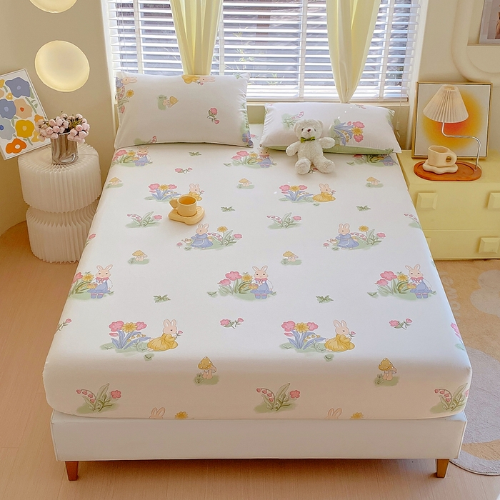 91家纺网 家纺一手货源 找家纺 洺兰家居 2025新款全棉喷气印花单床笠纯棉小清新花卉北欧风床套/枕套 蘑菇兔