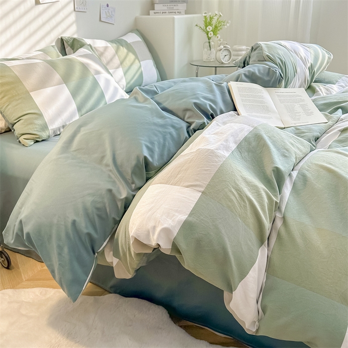 91家纺网 家纺一手货源 找家纺 古吉梦 2024新款水洗棉小清新印花格子系列四件套 G-绿白大格+薄荷绿