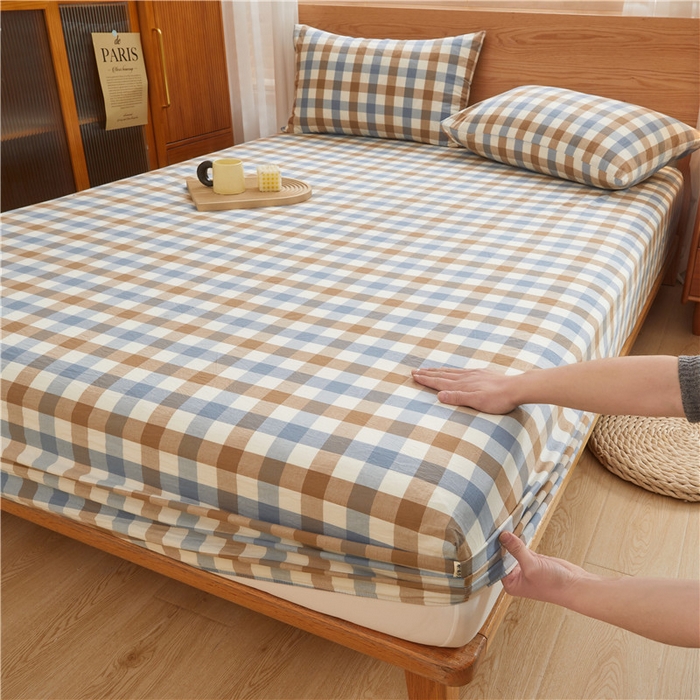 91家纺网 家纺一手货源 找家纺 喜居 2024新款A类色织纯棉水洗棉100%新疆棉全棉床笠 蓝芋格