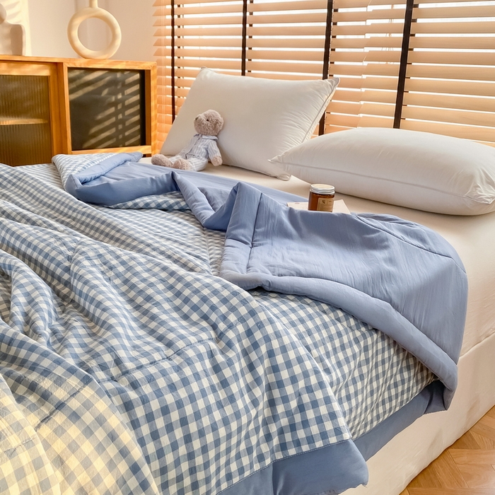 91家纺网 家纺一手货源 找家纺 梦恬佳2024新款无印风水洗棉夏被-蓝小格