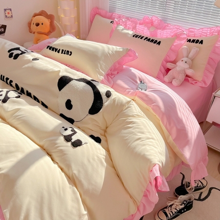 韩都家居 2024新款亲肤水洗棉毛巾绣四件套-熊宝系列 熊宝-奶白粉