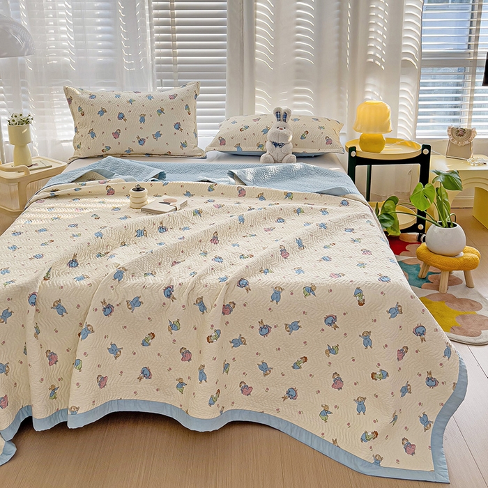 91家纺网 家纺一手货源 找家纺 胜权家纺 2024新款A类60支双面全棉高温水洗夹棉床盖三件套 快乐兔