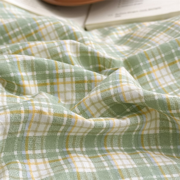 91家纺网 家纺一手货源 找家纺 古吉梦 2024新款水洗棉小清新印花格子系列四件套 G-清雅绿+果绿