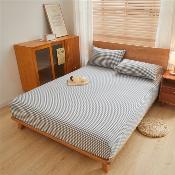 91家纺网 家纺一手货源 找家纺 喜居 2024新款A类色织纯棉水洗棉100%新疆棉全棉床笠 灰小格