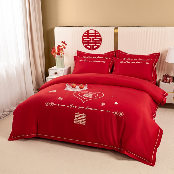 91家纺网 家纺一手货源 找家纺 银石 2024新款60新疆长绒棉大红婚庆绣花四件套 心心相印