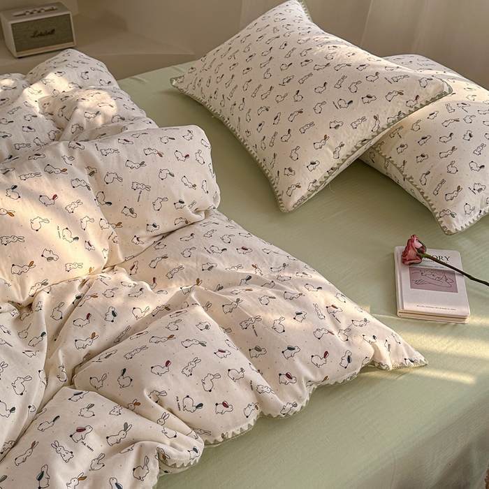 91家纺网 家纺一手货源 找家纺 洋铭区（原狠狠爱） 2024新款全棉双层纱四件套 奔跑小兔