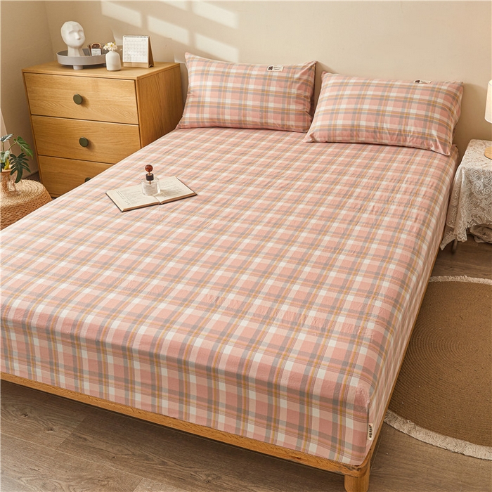 91家纺网 家纺一手货源 找家纺 喜居 2024新款A类色织纯棉水洗棉100%新疆棉全棉床笠 简兮粉