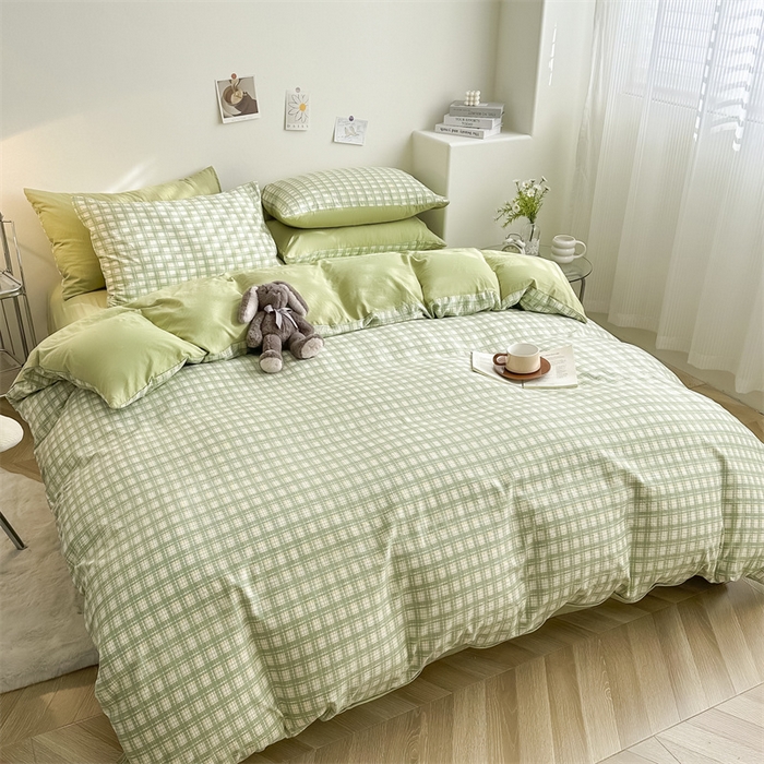 91家纺网 家纺一手货源 找家纺 古吉梦 2024新款水洗棉小清新印花格子系列四件套 G-清雅绿+果绿