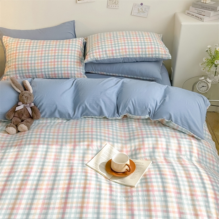 91家纺网 家纺一手货源 找家纺 古吉梦 2024新款水洗棉小清新印花格子系列四件套 G-七彩格+海青