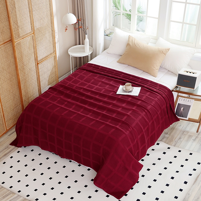 91家纺网 家纺一手货源 找家纺 朴尔家纺 2024新款全棉质朴方格风立体华夫格透气纱布毛巾被 方格华夫格-酒红