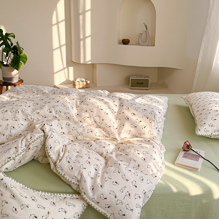 91家纺网 家纺一手货源 找家纺 洋铭区（原狠狠爱） 2024新款全棉双层纱四件套 奔跑小兔