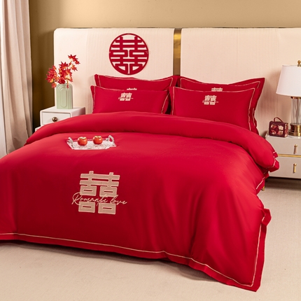 银石 2024新款60新疆长绒棉大红婚庆绣花四件套 浪漫时刻