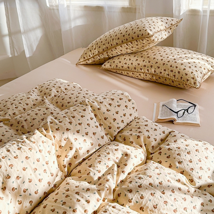 91家纺网 家纺一手货源 找家纺 洋铭区（原狠狠爱） 2024新款全棉双层纱四件套 甜甜小蘑菇