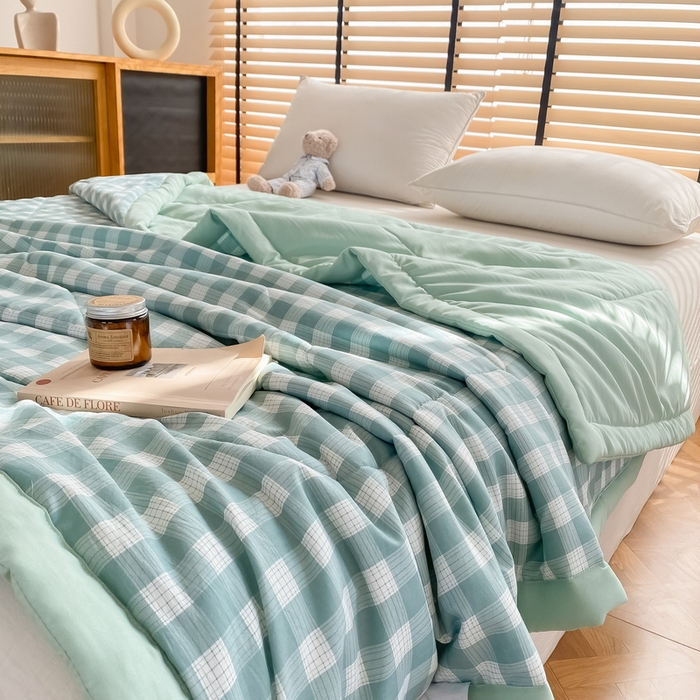 91家纺网 家纺一手货源 找家纺 梦恬佳2024新款无印风水洗棉夏被-绿小格