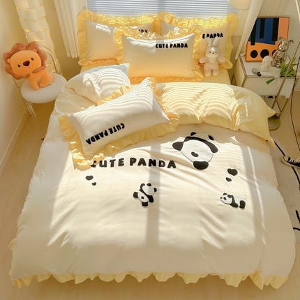 91家纺网 家纺一手货源 找家纺 韩都家居 2024新款亲肤水洗棉毛巾绣四件套-熊宝系列 熊宝-嫩黄