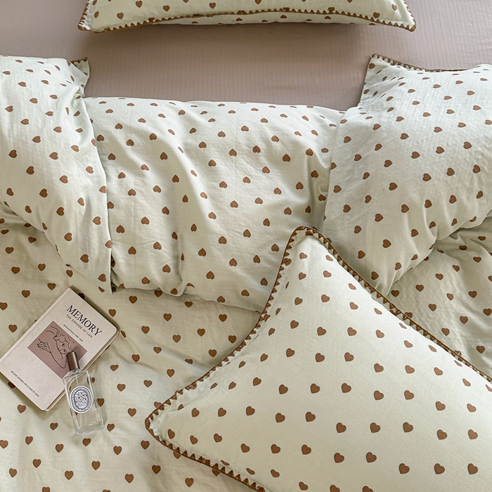 91家纺网 家纺一手货源 找家纺 洋铭区（原狠狠爱） 2024新款全棉双层纱四件套 咖咖爱心