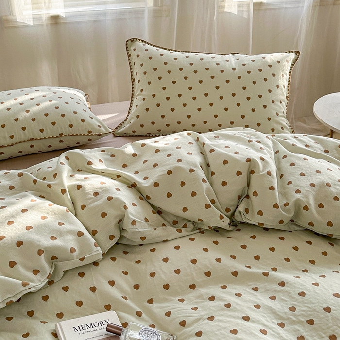 91家纺网 家纺一手货源 找家纺 洋铭区（原狠狠爱） 2024新款全棉双层纱四件套 咖咖爱心