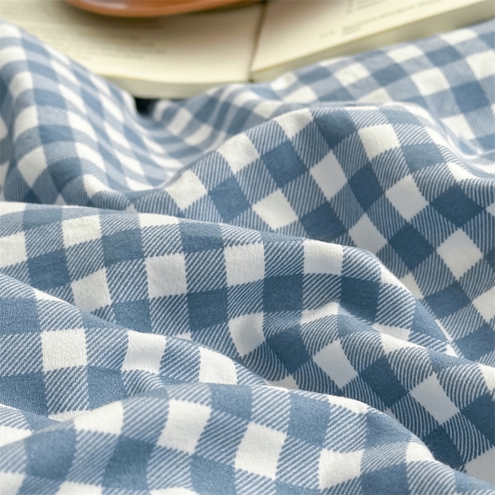 91家纺网 家纺一手货源 找家纺 古吉梦 2024新款水洗棉小清新印花格子系列四件套 G-小格-蓝+海青