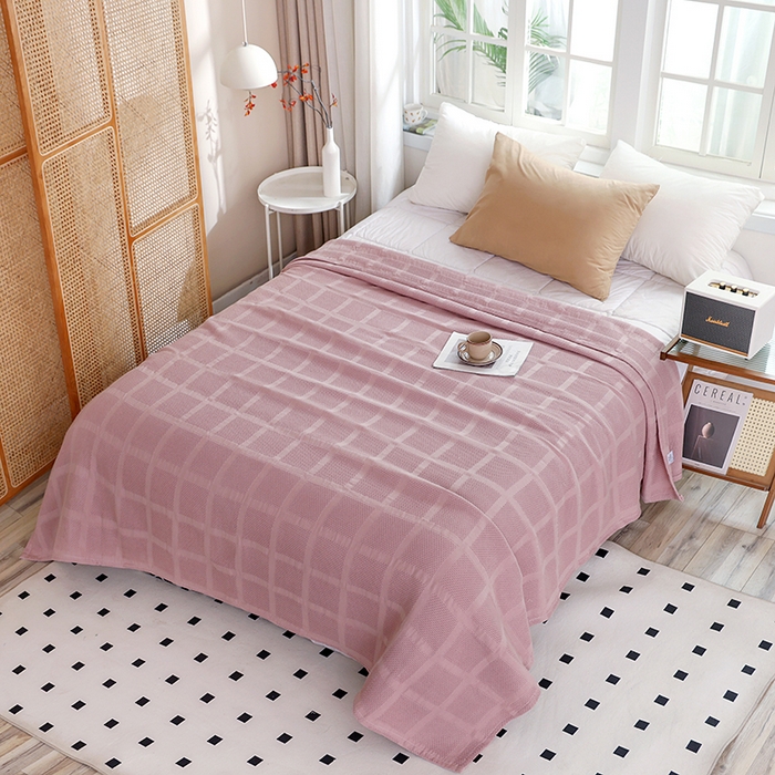 91家纺网 家纺一手货源 找家纺 朴尔家纺 2024新款全棉质朴方格风立体华夫格透气纱布毛巾被 方格华夫格-粉