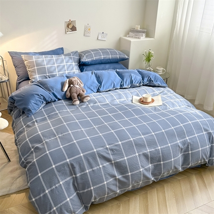 91家纺网 家纺一手货源 找家纺 （总）古吉梦 2024新款水洗棉小清新印花格子系列四件套