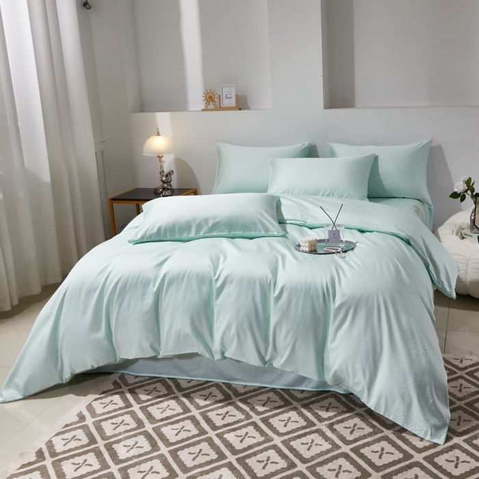 91家纺网 家纺一手货源 找家纺 晶缦家纺 2024新款全棉60支贡缎长绒棉纯色多规格四件套和单品-琅夕系列 四件套 琅夕-天青绿