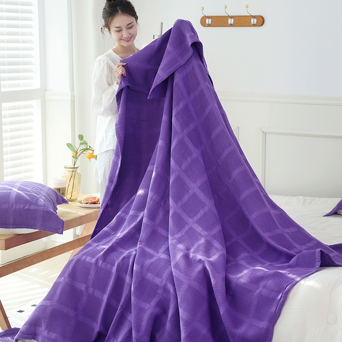 91家纺网 家纺一手货源 找家纺 朴尔家纺 2024新款全棉质朴方格风立体华夫格透气纱布毛巾被 方格华夫格-紫