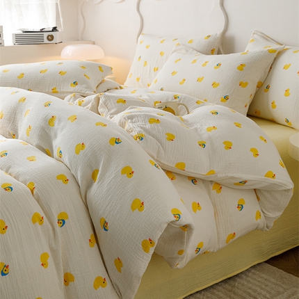 91家纺网 家纺一手货源 找家纺 （总）蜜柚 2024新款全棉双层皱皱纱四件套