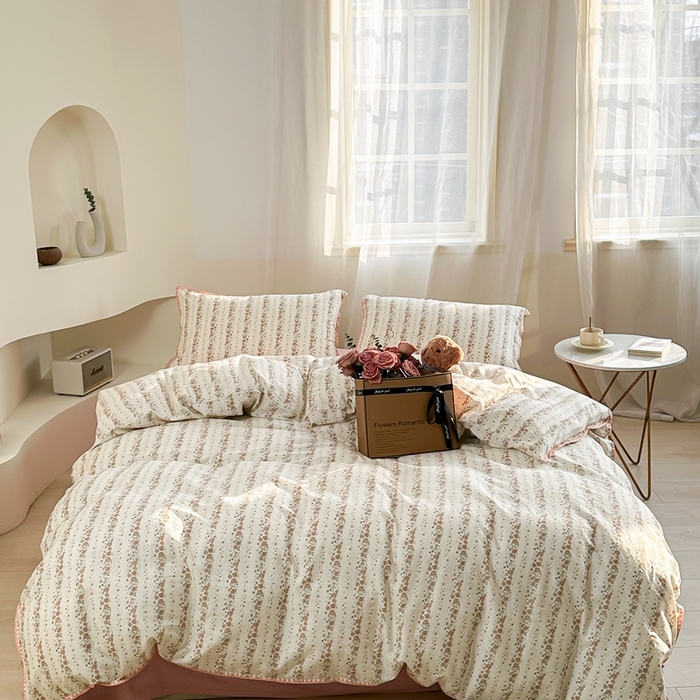 91家纺网 家纺一手货源 找家纺 洋铭区（原狠狠爱） 2024新款全棉双层纱四件套 桃粉小花