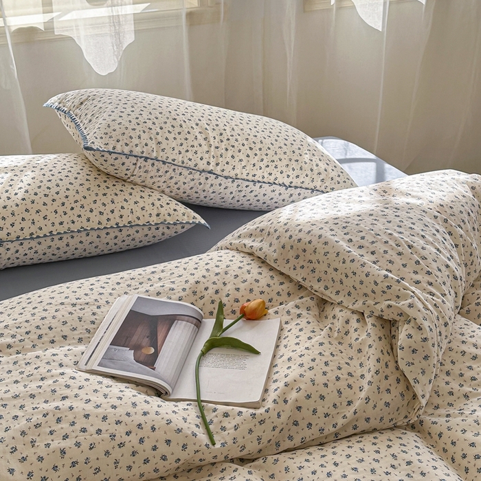 91家纺网 家纺一手货源 找家纺 洋铭区（原狠狠爱） 2024新款全棉双层纱四件套 蓝雪小花