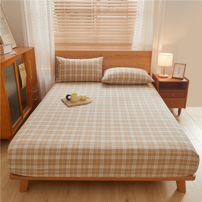 91家纺网 家纺一手货源 找家纺 喜居 2024新款A类色织纯棉水洗棉100%新疆棉全棉床笠 麦田咖