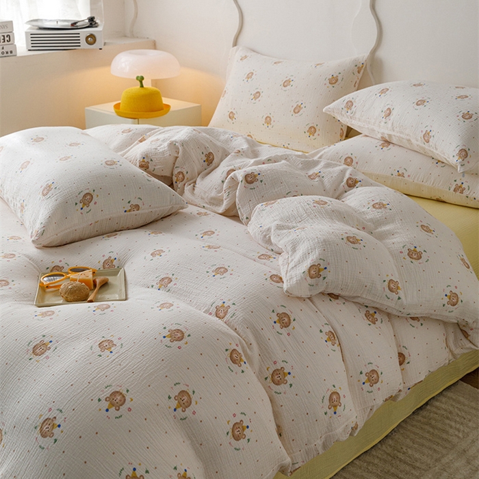 91家纺网 家纺一手货源 找家纺 （总）蜜柚 2024新款全棉双层皱皱纱四件套