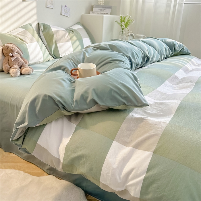 91家纺网 家纺一手货源 找家纺 古吉梦 2024新款水洗棉小清新印花格子系列四件套 G-绿白大格+薄荷绿