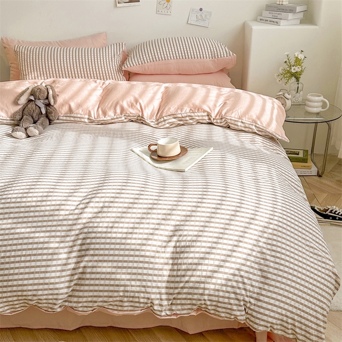 91家纺网 家纺一手货源 找家纺 古吉梦 2024新款水洗棉小清新印花格子系列四件套 G-小格玉+粉玉