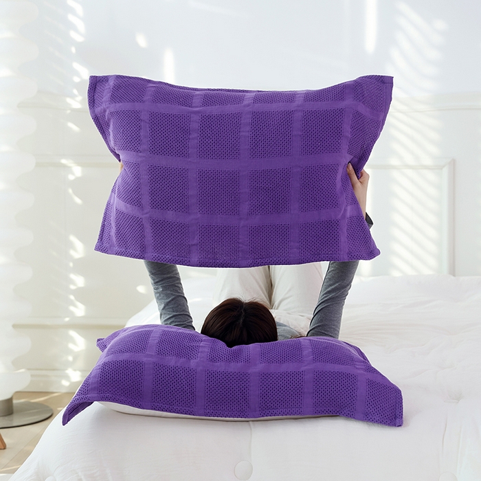 91家纺网 家纺一手货源 找家纺 朴尔家纺 2024新款全棉质朴方格风立体华夫格透气纱布枕巾/对 方格华夫格-紫枕巾