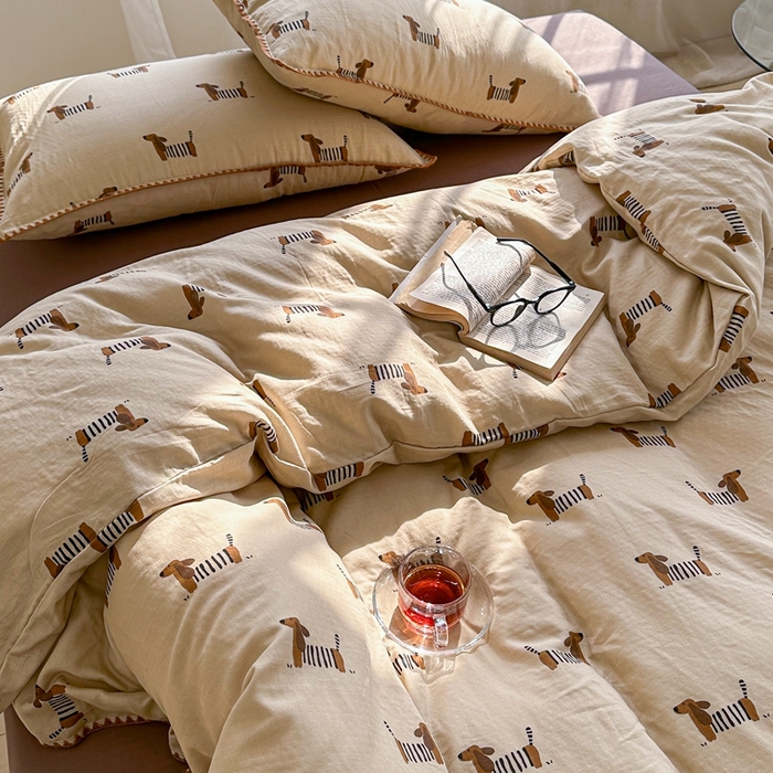 91家纺网 家纺一手货源 找家纺 洋铭区（原狠狠爱） 2024新款全棉双层纱四件套 小狗条条